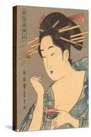 Japanese Woodblock, Lady Applying Lip Gloss-null-Stretched Canvas