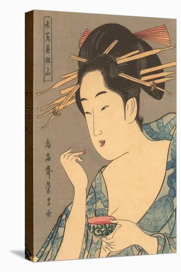 Japanese Woodblock, Lady Applying Lip Gloss-null-Stretched Canvas