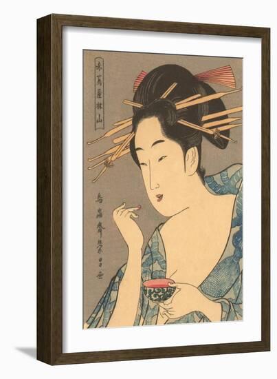 Japanese Woodblock, Lady Applying Lip Gloss-null-Framed Art Print