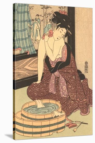 Japanese Woodblock, Lady at Bath-null-Stretched Canvas