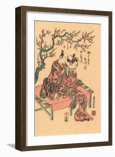 Japanese Woodblock, Man with Flute-Playing Geisha-null-Framed Art Print