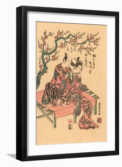 Japanese Woodblock, Man with Flute-Playing Geisha-null-Framed Art Print