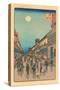 Japanese Woodblock, Street at Night-null-Stretched Canvas