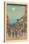 Japanese Woodblock, Street at Night-null-Stretched Canvas