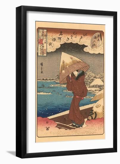 Japanese Woodblock, Woman with Umbrella in Snow-null-Framed Art Print