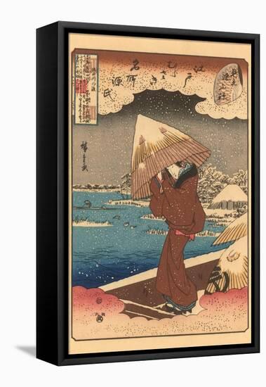 Japanese Woodblock, Woman with Umbrella in Snow-null-Framed Stretched Canvas