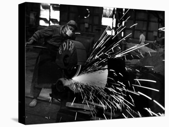 Japanese Worker Cutting Steel Pipe W. Huge Power Saw at Yawata Steel Mill-Margaret Bourke-White-Stretched Canvas