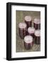 Jars of blackberry jam with household wax (paraffin) on top to act as a seal.-Janet Horton-Framed Photographic Print