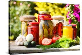 Jars Of Pickled Vegetables In The Garden. Marinated Food-monticello-Stretched Canvas
