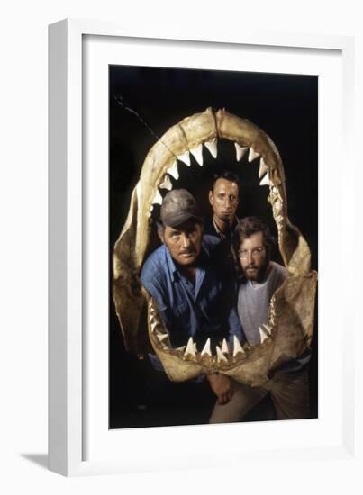 Jaws, Robert Shaw, Roy Scheider, Richard Dreyfuss, Directed by Steven Spielberg, 1975-null-Framed Photo