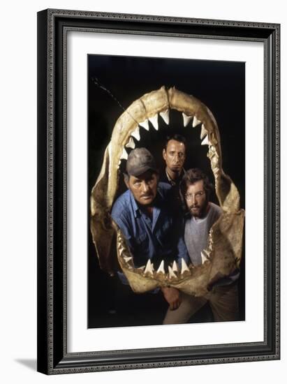 Jaws, Robert Shaw, Roy Scheider, Richard Dreyfuss, Directed by Steven Spielberg, 1975-null-Framed Photo