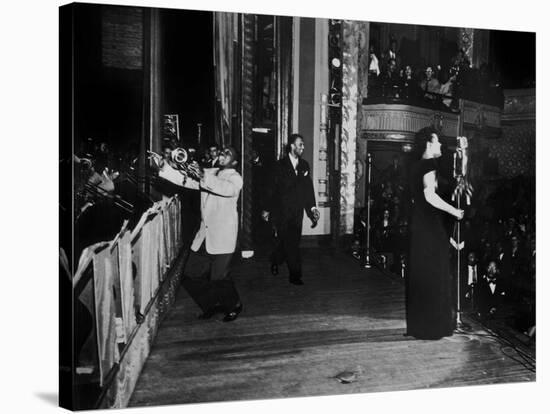 Jazz and Blues Singer Billie Holiday with Bluesmen Hot Lips Page and Jimmie Evans at Apollo Theatre-null-Stretched Canvas