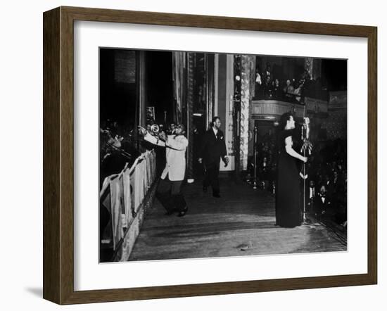 Jazz and Blues Singer Billie Holiday with Bluesmen Hot Lips Page and Jimmie Evans at Apollo Theatre-null-Framed Photo