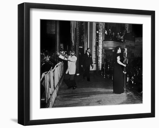 Jazz and Blues Singer Billie Holiday with Bluesmen Hot Lips Page and Jimmie Evans at Apollo Theatre-null-Framed Photo