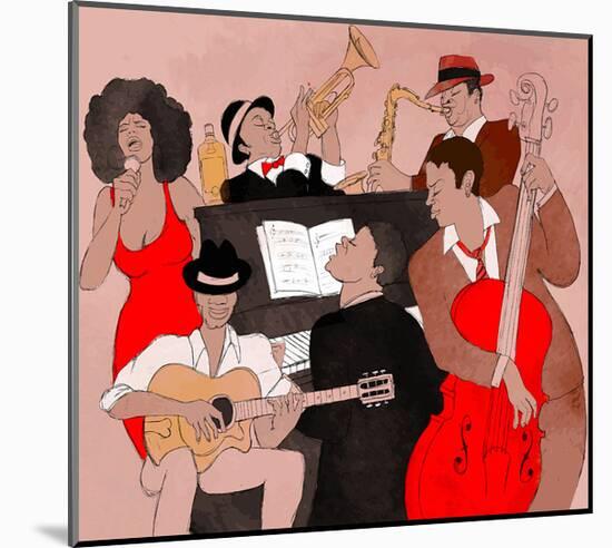 Jazz Band Jamming Around Piano-null-Mounted Art Print