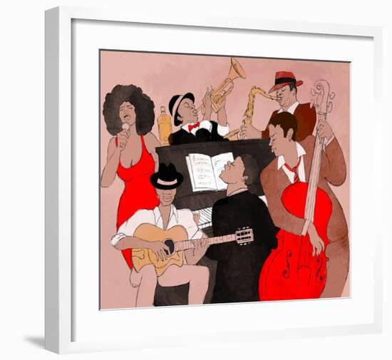 Jazz Band Jamming Around Piano-null-Framed Art Print