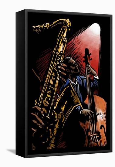 Jazz Band - Scratchboard-Lantern Press-Framed Stretched Canvas