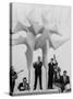 Jazz Drummer Chico Hamilton Playing with Band Behind Sculpture Called "Counterpoints"-Gordon Parks-Stretched Canvas