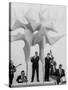 Jazz Drummer Chico Hamilton Playing with Band Behind Sculpture Called "Counterpoints"-Gordon Parks-Stretched Canvas