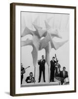 Jazz Drummer Chico Hamilton Playing with Band Behind Sculpture Called "Counterpoints"-Gordon Parks-Framed Premium Photographic Print