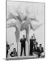 Jazz Drummer Chico Hamilton Playing with Band Behind Sculpture Called "Counterpoints"-Gordon Parks-Mounted Premium Photographic Print