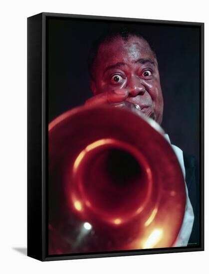 Jazz Musician Louis Armstrong Blowing on Trumpet-Eliot Elisofon-Framed Stretched Canvas