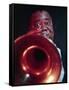 Jazz Musician Louis Armstrong Blowing on Trumpet-Eliot Elisofon-Framed Stretched Canvas