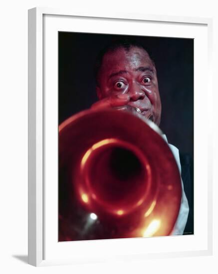 Jazz Musician Louis Armstrong Blowing on Trumpet-Eliot Elisofon-Framed Premium Photographic Print