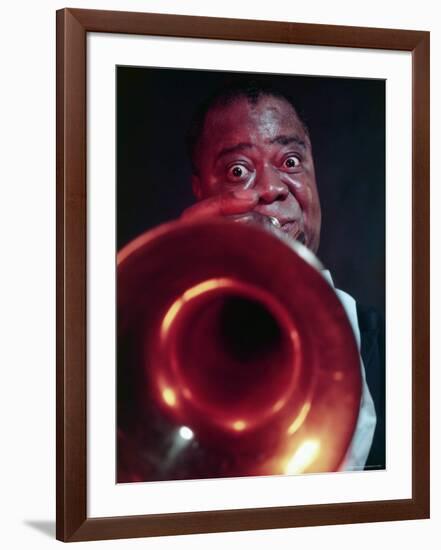 Jazz Musician Louis Armstrong Blowing on Trumpet-Eliot Elisofon-Framed Premium Photographic Print