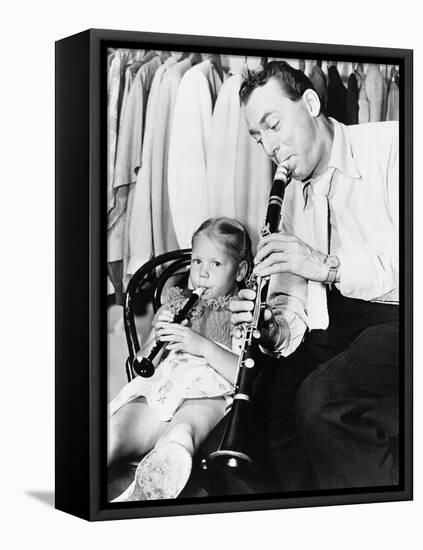 Jazz Musician Woody Herman Playing His Clarinet While His Daughter Ingrid Plays a Plastic Flute-null-Framed Stretched Canvas