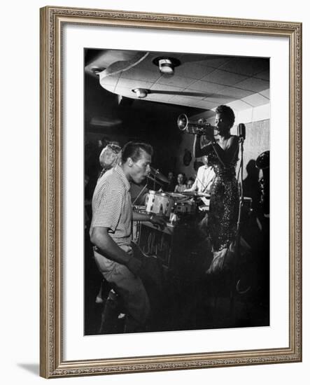 Jazz Trumpet Player Clora Bryant, Playing Trumpet with Dixieland Band in Hermosa Beach-Loomis Dean-Framed Premium Photographic Print