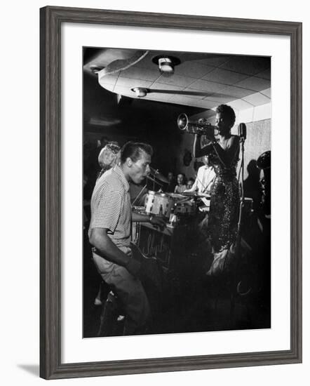 Jazz Trumpet Player Clora Bryant, Playing Trumpet with Dixieland Band in Hermosa Beach-Loomis Dean-Framed Premium Photographic Print