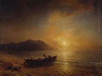 A Coastal Landscape with Arab Fishermen Launching a Boat at Sunset-Jean Antoine Theodore Gudin-Framed Giclee Print