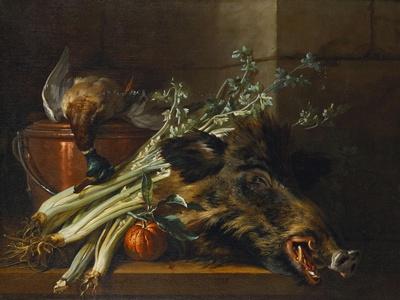 A Dead Mallard, a Boar's Head, Celery and a Copper Pot on a Ledge