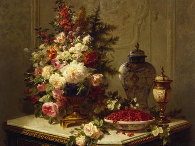 Still life with flowers and raspberries