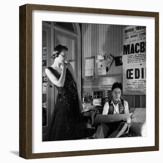 Jean Cocteau Sketching Model Elizabeth Gibbons in a Chanel Dress in His Hotel Bedroom-Roger Schall-Framed Premium Photographic Print