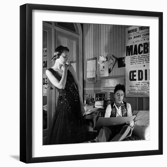 Jean Cocteau Sketching Model Elizabeth Gibbons in a Chanel Dress in His Hotel Bedroom-Roger Schall-Framed Premium Photographic Print