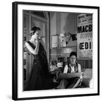 Jean Cocteau Sketching Model Elizabeth Gibbons in a Chanel Dress in His Hotel Bedroom-Roger Schall-Framed Premium Photographic Print