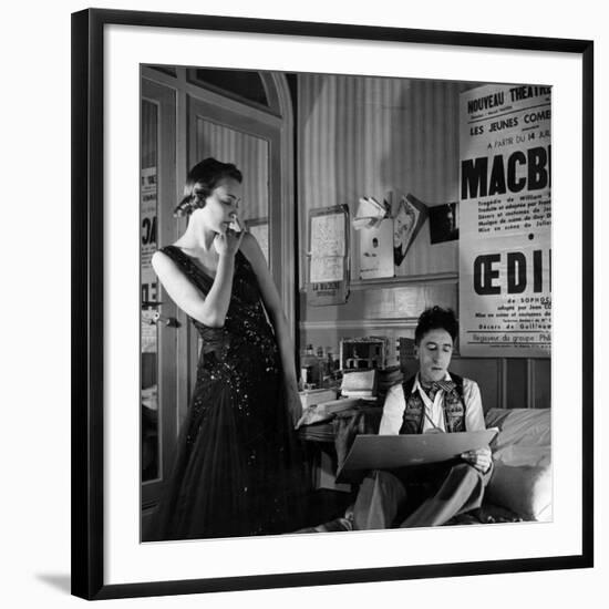 Jean Cocteau Sketching Model Elizabeth Gibbons in a Chanel Dress in His Hotel Bedroom-Roger Schall-Framed Premium Photographic Print