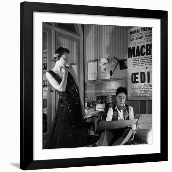 Jean Cocteau Sketching Model Elizabeth Gibbons in a Chanel Dress in His Hotel Bedroom-Roger Schall-Framed Premium Photographic Print