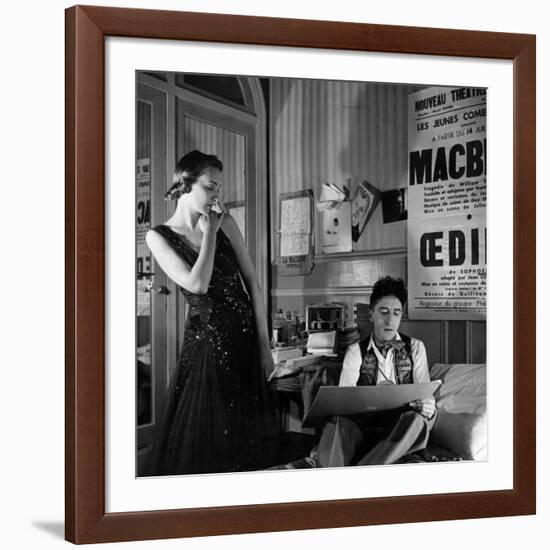 Jean Cocteau Sketching Model Elizabeth Gibbons in a Chanel Dress in His Hotel Bedroom-Roger Schall-Framed Premium Photographic Print