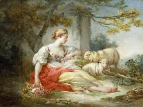 A Shepherdess Seated with Sheep and a Basket of Flowers Near a Ruin in a Wooded Landscape-Jean-Honoré Fragonard-Giclee Print