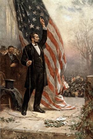 American Civil War Painting of President Abraham Lincoln Holding the American Flag