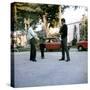 Jean-Paul Belmondo, Rene Clement and Alain Delon on set of film 'Is Paris burning?', 1966 (photo)-null-Stretched Canvas