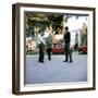 Jean-Paul Belmondo, Rene Clement and Alain Delon on set of film 'Is Paris burning?', 1966 (photo)-null-Framed Photo