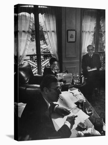 Jean Paul Sartre, Simone de Beauvoir and Saul Steinberg at Sartre's Home in Paris-Gjon Mili-Stretched Canvas