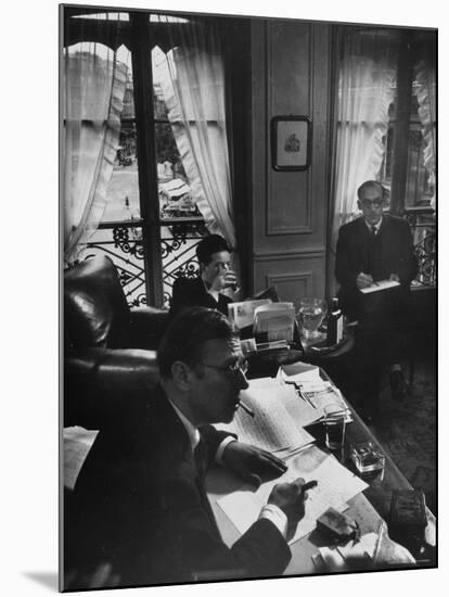 Jean Paul Sartre, Simone de Beauvoir and Saul Steinberg at Sartre's Home in Paris-Gjon Mili-Mounted Premium Photographic Print