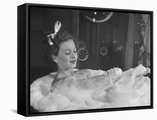 Jeanne Crain Taking Bubble Bath for Her Role in Movie Margie-Peter Stackpole-Framed Stretched Canvas