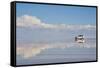 Jeep driving on the reflected surface of the salt flat, Salar de Uyuni, Potosi Department, Bolivia.-Keren Su-Framed Stretched Canvas