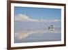 Jeep driving on the reflected surface of the salt flat, Salar de Uyuni, Potosi Department, Bolivia.-Keren Su-Framed Photographic Print